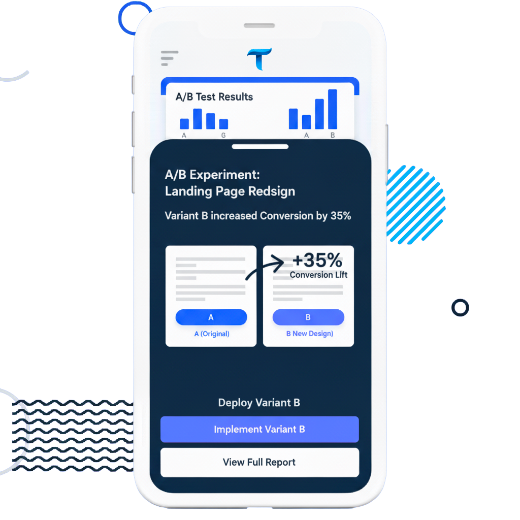 Dashboard Testly mostrando métricas de testes A/B